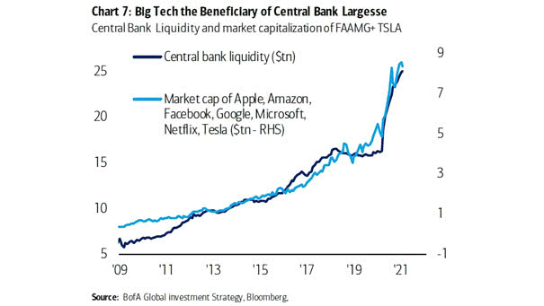 Central Bank Liquidity and Market Capitalization of Apple, Amazon, Facebook, Google, Microsoft, Netflix and Tesla