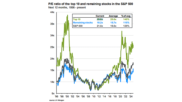 Valuation - P/E Ratio of the Top 10 and Remaining Stocks in the S&P 500